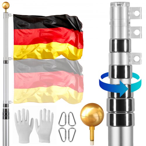 

VEVOR Kit de mât de drapeau télescopique 9140 mm, mât de drapeau allemand en alliage d'aluminium dans sol pour extérieur, mât de drapeau à 3 modes d'affichage avec accessoires professionnels, argent