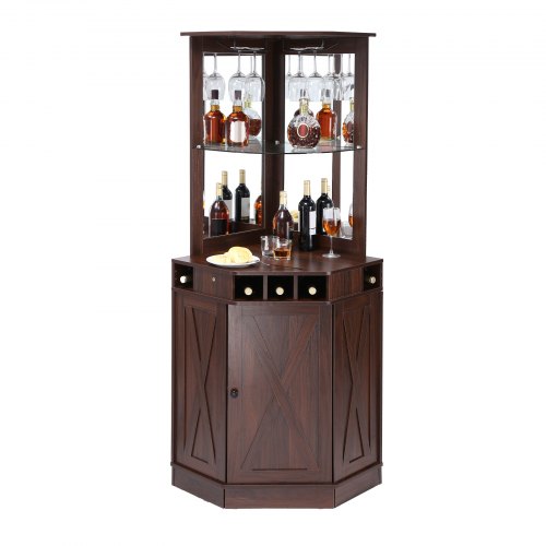 

VEVOR Armoire Bar Industrielle de Coin, Meuble de Bar pour Liqueurs et Verres, Buffet avec Porte-verres, Grand Présentoir à Vin Autoportante en Bois pour Salon, Maison, Bar Domicile, Café, Marron
