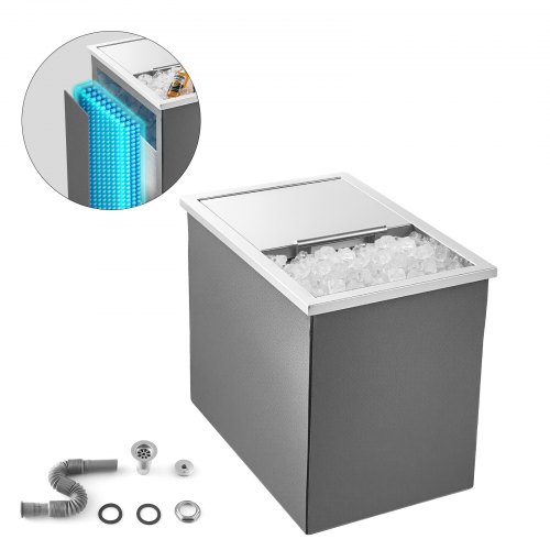 

VEVOR Glacière encastrable en acier inoxydable, 455 x 305 x 385 mm, bac à glace commercial de 27,1 L pour l'extérieur avec couvercle coulissant, tuyau d'évacuation inclus, pour vin et bière frais