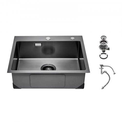 

VEVOR Évier de cuisine 68 cm, évier à montage par le haut en acier inox 304, évier à poser à encastrer cuve simple avec accessoires, évier de lave-vaisselle ménager pour camping-car cuisine bar, noir