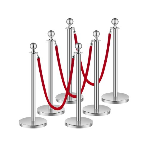 

VEVOR Poteau de guidage, 6 pcs, barrière de balisage pour contrôle de foules, avec base creuse, 3 cordes velours rouge et poteaux argentés en acier inox, pour file d'attente en public, hôtel, fête