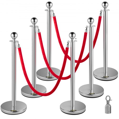 

VEVOR Poteau de Guidage 6PCs 95 cm, Barrière de Balisage pour Contrôle de Foules avec 3 Cordes en Velours Rouge 1,5 m, pour Délimitation Séparation File d'Attente en Public École Théâtre Exposition