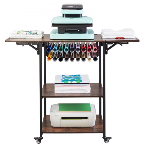 

VEVOR Table de Presse à Chaud à 3 Niveaux, Support de Presse à Chaud Mobile avec Roulettes, Établi pour Machine de Transfert de Chaleur Pliable, avec Support de Rouleau de Vinyle, Atelier, Marron