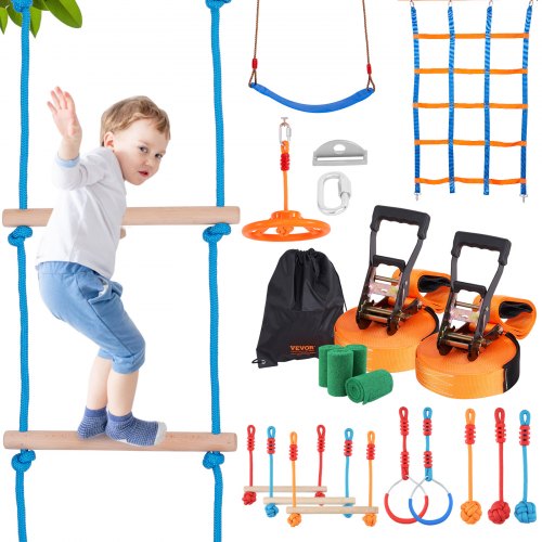 

VEVOR Parcours Ninja pour Enfants Kit Slackline et Parcours d’Obstacles 2x17 m Charge 226,8 kg 12 Obstacles Équipement de Jeu Extérieur avec Filet d’Escalade Barre de Singe pour Jardin Arrière-Cour