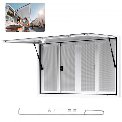

VEVOR Fenêtre de Concession pour Camion Restaurant 134,6x83,8 cm, Fenêtre de Service pour Stand de Vente, Cadre en Alliage d'Aluminium, 4 Moustiquaires, Porte à Auvent et Crochet de Traction