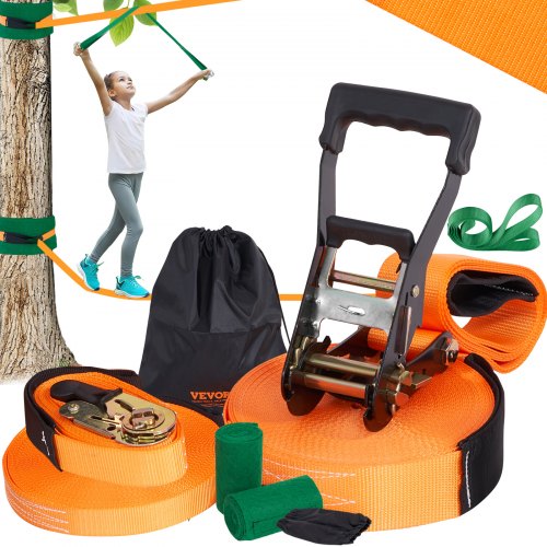 

VEVOR Slackline 18,3 m Sangle d'Équilibre Charge 226,8 kg Jeu Complet avec Protecteur d’Arbres Entraîneur de Bras Configuration Facile Parcours d’Équilibre pour Enfants Adultes Débutants et Avancés