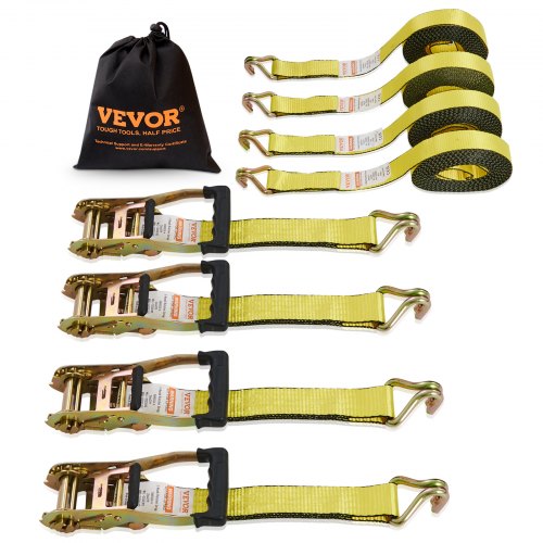 

VEVOR Sangle à Cliquet Lot de 4 Sangles d'Arrimage Résistance à la Rupture Max. 4536 kg 0,05x8 m Crochet Double J pour Sécuriser Cargaison, Appareils Électroménagers, Équipement, Motos, Déménagement