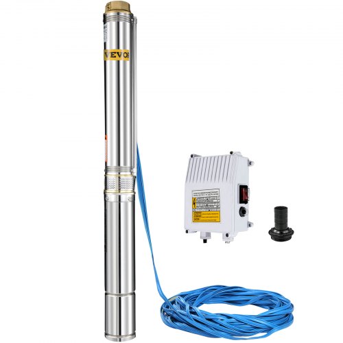 VEVOR Pompe Submersible Puits Profonds 1,1 kW Pompe Immergée en Acier Inoxydable 304 Débit Maximal 96 L/min Hauteur Maximale 104 m avec Boîtier de Commande Câble 40 m Eau pour Maisons Terres Agricoles