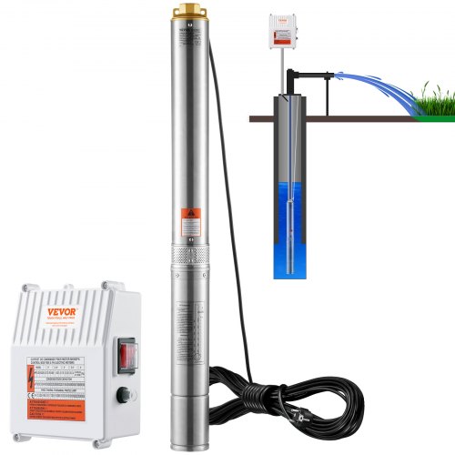 

VEVOR Pompe Immergée pour Puits Profond, 1500 W, Pompe à Eau en Acier Inox, Débit 9,8 m³/h, 108 m, avec Cordon Électrique 19,4 m, Boîtier de Commande Externe, IP68 pour Maison, Irrigation Industrielle