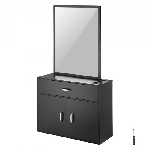 

VEVOR Armoire de rangement pour salon de coiffure, meuble de salon de coiffure murale pour coiffeur, avec miroir, tiroir, ensemble de station de coiffure à double porte pour organiser outils, noir