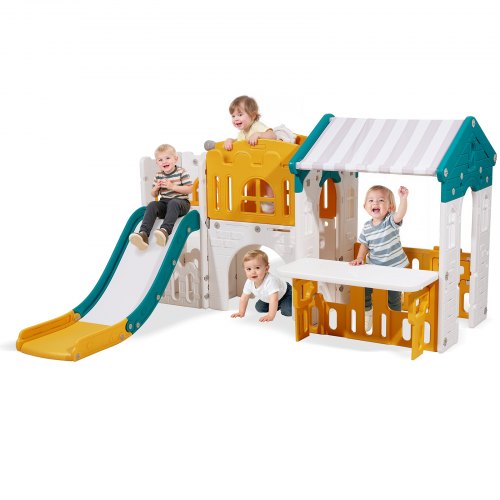 

VEVOR Maisonnette pour Enfants, Maison de Jeu Extérieur pour Tout-petits à Partir de 1 an, Cabine de Jardin pour Enfants avec Toboggan, Ballon de Basket, Télescope, Volant, Tunnel Rampant, Vitrine