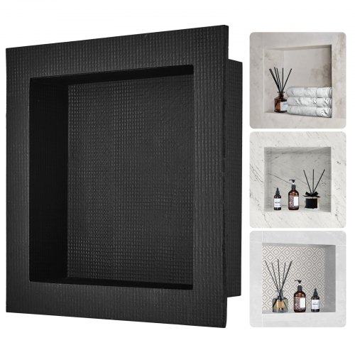 

VEVOR Niche Encastrable Salle de Bain 40,64x40,64x10 cm Niche Douche Murale Étagère Simple en Plastique XPS Coins Carrés Protection Scellée Moderne pour Stockage de Savon Douche Salle de Bains, Noir