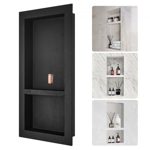 

VEVOR Niche Encastrable Salle de Bain 81,28x40,64x10 cm Niche Douche Murale Double Étagère en Plastique XPS Coins Carrés Protection Scellée Moderne pour Stockage de Savon Douche Salle de Bains, Noir