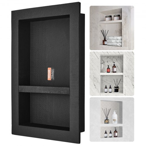

VEVOR Niche Encastrable Salle de Bain 60,96x40,64x10 cm Niche Douche Murale Double Étagère en Plastique XPS Coins Carrés Protection Scellée Moderne pour Stockage de Savon Douche Salle de Bains, Noir