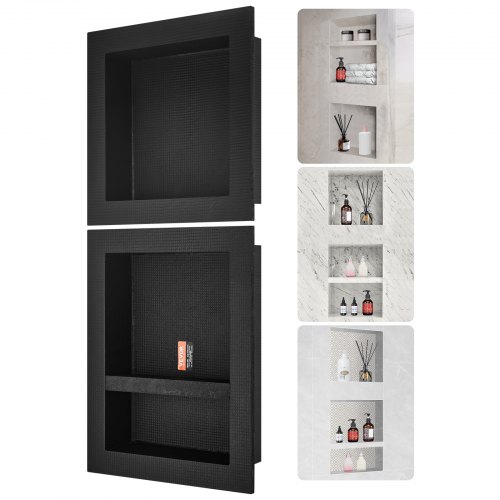 

VEVOR Niche Encastrable Salle de Bain 40,64x40,64 cm & 40,6x50,8 cm Niche Douche Murale Triple Étagère Plastique XPS Coins Carrés Protection Scellée Moderne pour Stockage de Savon Salle de Bains, Noir