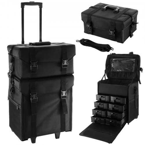 VEVOR Chariot de Maquillage en Nylon 2 en 1 Noir, Souple avec roulettes Coffrets à Cosmétiques Coffret Détachable Professionnel à roulettes Trousse de Voyage à Maquillage Vanité Oxford Maquillage