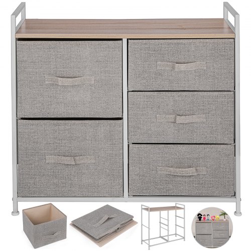 VEVOR Commode de Chambre avec 5 Tiroirs Multifonctions Armoire de Rangement Marron en Métal + MDF + non-Tissé Meuble de Rangement 98,8x30,5x53,5 cm Placards Chambre (Beige Gauche et droite)