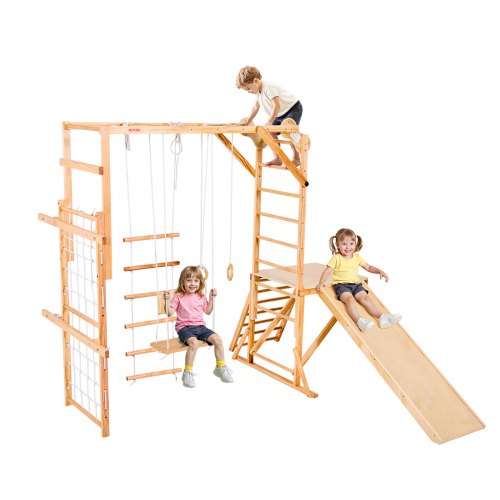 

VEVOR Aire de Jeux Intérieure en Bois 8-en-1, avec Toboggan, Balançoire, Barre de Singe, Anneaux de Gymnastique, Échelle en Bois/Corde, Filet et Barre d'Escalade, Structure de Jeux pour Enfants