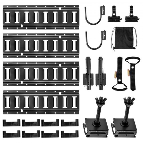 

VEVOR Kit Rails Arrimage E-Track, 4 Rails E Track 0,4 m, 2 Crochets U, 2 Porte-outils, 2 Supports d'Étagère, 2 Supports de Pneus, 2 Anneaux à Câbles, 8 Embouts, Sac, pour Fourgons, Remorques, Garages