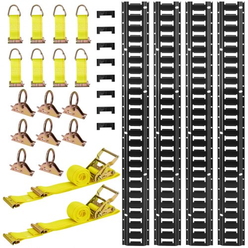 

VEVOR Kit Rails Arrimage E-Track, 4 Rails E Track 2,3 m, 26 Accessoires comprenant 2 Sangles à Cliquet, 8 Joints Toriques, 8 Attaches avec Anneau en D, 8 Embouts, pour Fourgons, Remorques, Garages