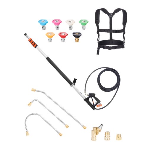 

VEVOR Lance Télescopique pour Nettoyeur Haute Pression 6358 mm, Baguette de Pulvérisation Télescopique 4000 psi avec Rallonges, Coupleur Pivotant, 7 Buses, Harnais de Support Réglable, pour Gouttière