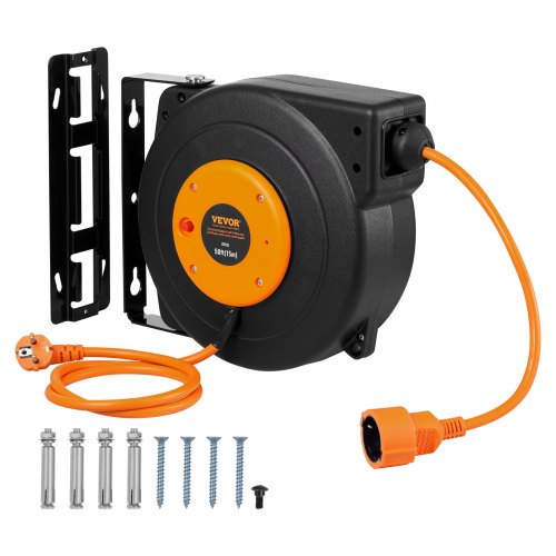 

VEVOR Enrouleur de câble d'extension rétractable, 15 m, 1000 W avec cordon d'alimentation 1 m protection contre la surchauffe, coque en PP, support pivotant à 180° pour montage au plafond ou au mur