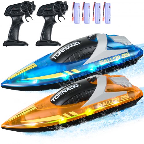 

VEVOR Bateau Télécommandé, Lot de 2, Bateaux de Course RC pour Piscines Lacs, 2,4 GHz, 12 km/h, avec Lumière LED, 4 Piles Rechargeables, Étanche, pour Enfants, Adultes, Garçons, Filles, Bleu, Orange