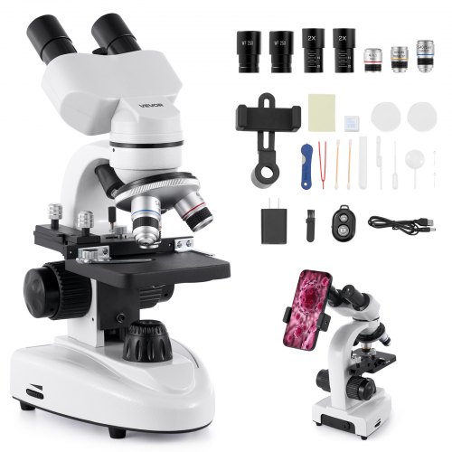 

VEVOR Microscope Binoculaire Professionnel, Kit de Microscope Composé avec Grossissement 40-2000X, Corps en Alliage d'Aluminium, Éclairage LED et Support de Téléphone Inclus, pour Laboratoire, École