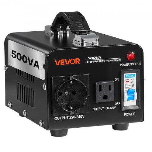 

VEVOR Transformateur 220 V à 110 V et 110 V à 220 V, Transformateur de Tension Élévateur Abaisseur, 500 VA, avec Prise Américaine, Prise Européenne, Cordon d'Alimentation, Protection par Disjoncteur