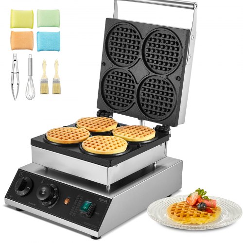 VEVOR Gaufrier Commercial 1750 W, Appareil à Gaufres Rondes Capacité 4PCs, en Acier Inoxydable, Antiadhésif, avec Contrôle de la Température et du Tem