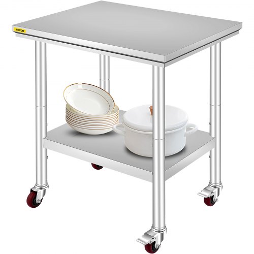 VEVOR Table de Travail Cuisine 29,9 x23,6 x2,7 Table de Travail INOX avec Roulettes et Freins Grande Capacité de Charge pour Préparation des Repas Cafétérias Hôtels Hôpitaux Cliniques Restaurant
