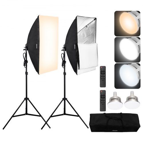 

VEVOR Kit d'Éclairage Softbox 50x70 cm 3000-6500K Réglable Ampoule 45 W Lot de 2