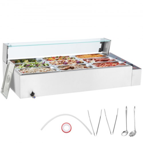 

VEVOR Chauffe-Plat Buffet à 9 Bacs de 4,7 L, Bain-Marie Électrique 1500 W, Buffet Chauffant en Inox, Écran en Verre, Température Réglable 30-85 °C, pour Réchauffer Aliments Restauration Soirée Fête