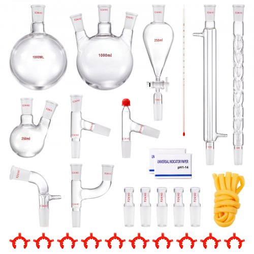 

VEVOR Kit de Distillation de Laboratoire, Kit de Verrerie de Laboratoire en Boro 3,3 avec Joints 24/40, Appareil de Distillation d'Huile Essentielle de 1000 mL, Ensemble de 29 Pièces de Verrerie