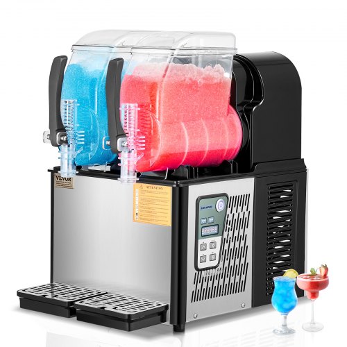 

VEVOR Machine à Granité Commerciale 2x4 L Double Réservoir, Machine à Boissons Glacées en Inox de 32 Tasses, Distributeur de Boissons Frappées Granitas Margarita Smoothie, pour Restaurants Cafés Bars