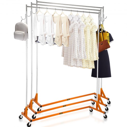 VEVOR Portant à Vêtements en Z 3PCS Acier Inox Porte-Vêtements à Base en Z Charge 136 kg Porte-Manteau 4 Roulettes Hauteur Réglable 108-188 cm 2 Crochets Vestiaire Chambre à Coucher Rangement Orange