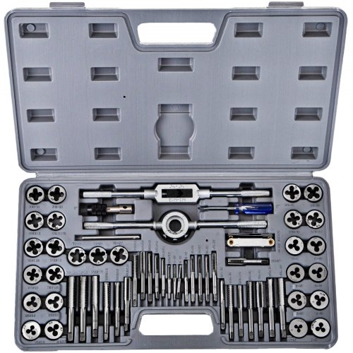 VEVOR Jeu de Tarauds&Matrices 60 Pcs Tarauds&Filières Vis SAE Ensemble Kit Filières Outils à Main de Coupe de Forage Conique avec Coffret Clé Jauge Filetage Pour Créer Réparer Couper Filetage Fils