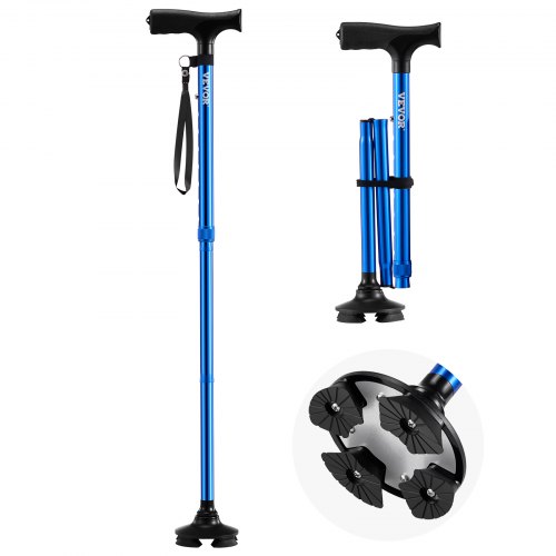 

VEVOR Canne de Marche Pliable Hauteur sur 8 Niveaux Base Pivotante 4 Pieds Bleu