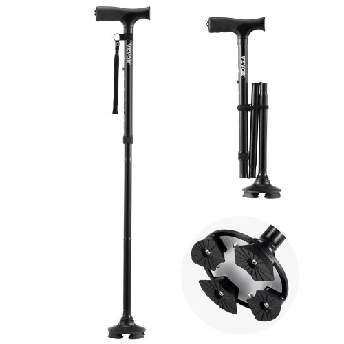 

VEVOR Canne de Marche Pliable Hauteur sur 8 Niveaux Base Pivotante 4 Pieds Noir