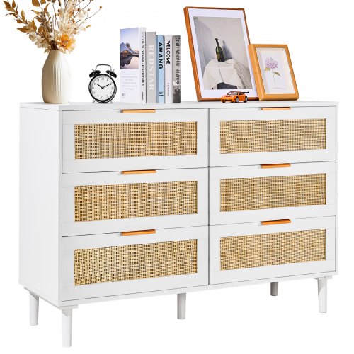 

VEVOR Commode en rotin naturel meuble de rangement 6 tiroirs pour chambre blanc