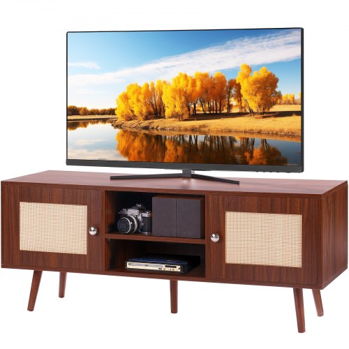 

VEVOR Meuble TV en rotin, 1200 x 400 x 490 mm, console TV bohème pour télévisions de 55'', meuble TV moderne du milieu du siècle, banc TV avec étagères réglables pour salon et salle multimédia, noyer