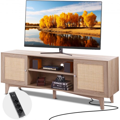 

VEVOR Meuble TV en Rotin pour Téléviseur 75" Banc TV avec Prise Intégrée Chêne