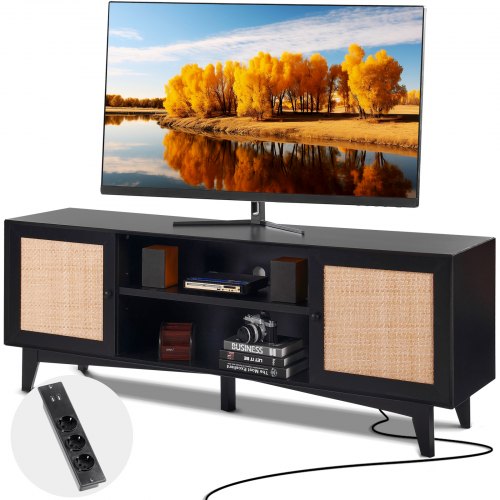 

VEVOR Meuble TV en Rotin pour Téléviseur de 75 pouces, Banc TV Bohème Porte en Rotin, Centre de Divertissement avec Prise Intégrée et 2 Étagères, Console TV Moderne pour Salon, Salle Multimédia, Noir