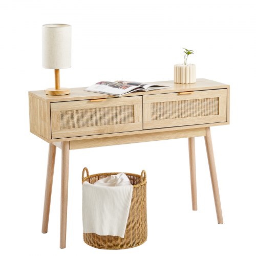 

VEVOR Table console en rotin avec 2 tiroirs de rangement, table d'entrée en rotin naturel avec porte coulissante, 1000 x 300 x 745 mm, rangement pour salon, bureau, entrée ou mur TV, couleur du bois