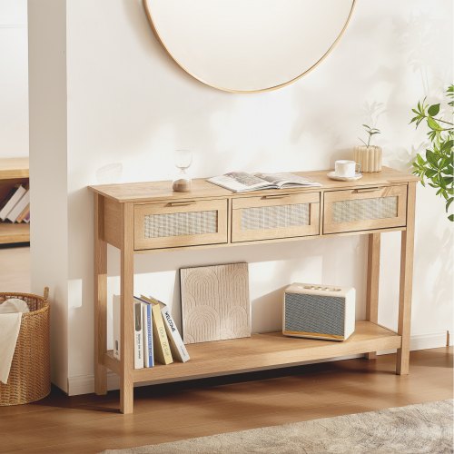 

VEVOR Table console en rotin naturel avec étagère porte coulissante 3 tiroirs