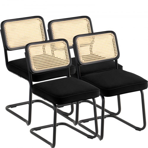 

VEVOR Chaises en rotin, lot de 4, chaises de salle à manger modernes du milieu du siècle, chaise d'appoint en velours tapissée avec dossier en rotin, chaise rétro pour salon, chambre, bureau, noir