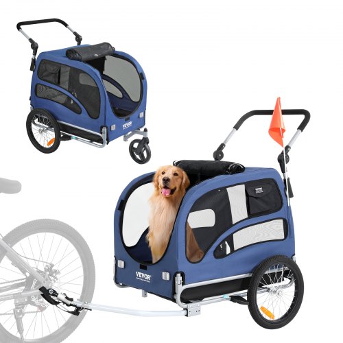 

VEVOR Remorque de Vélo Chien Pliable Charge 45 kg Poussette d'Animaux de Compagnie 2en1 Cadre Facile à Plier avec Roues à Dégagement Rapide, Coupleur de Vélo Universel, Réflecteurs, Drapeau, Bleu/Noir