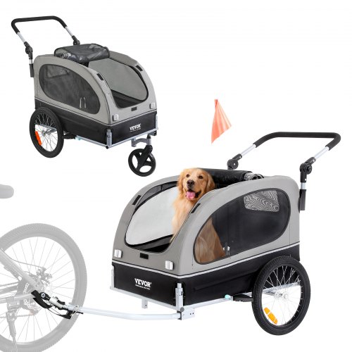 

VEVOR Remorque de Vélo Chien Pliable Charge 40 kg Poussette d'Animaux de Compagnie 2en1 Cadre Facile à Plier avec Roues à Dégagement Rapide, Coupleur de Vélo Universel, Réflecteurs, Drapeau, Noir/Gris