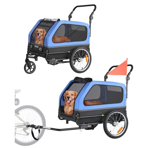 

VEVOR Remorque vélo pour chien, charge 40 kg, poussette d'animaux de compagnie 2 en 1, cadre pliable facile avec roue à dégagement rapide, coupleur de vélo universel, laisse interne, bleu et noir