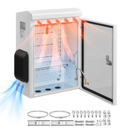 

VEVOR Coffret Électrique Étanche Extérieur IP65, Boitier Électrique Mural Acier Laminé à Froid, 40x20x50 cm, avec Thermostat, Ventilateur, Capot de Protection, Porte à Clés, Montage sur Mur ou Poteau
